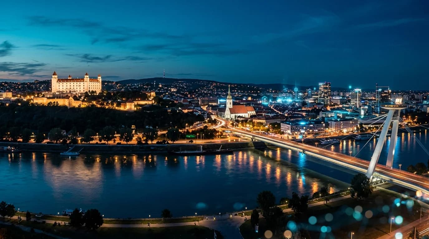 Bratislava nočná panoráma a Dunaj
